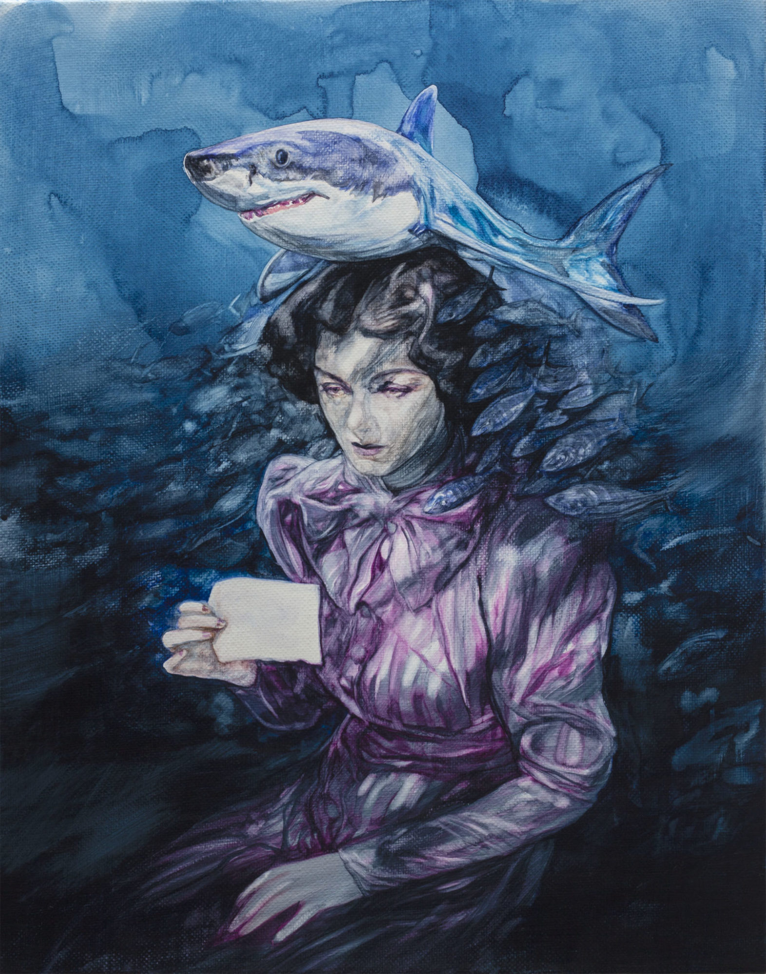 La dame au requin - Watercolor on canvas mounted on wood - 30 x 40 cm - 2020
